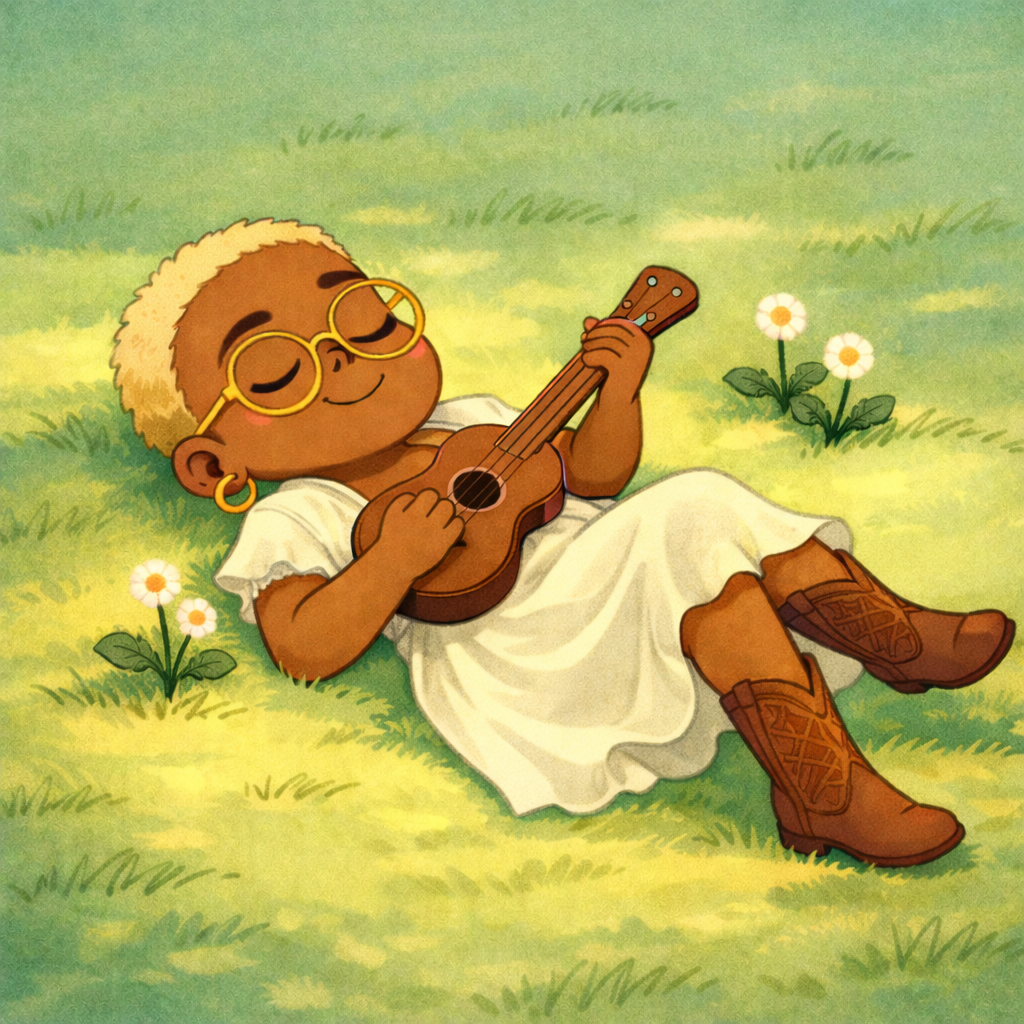 Adeline relaxing in the grass with a ukulele